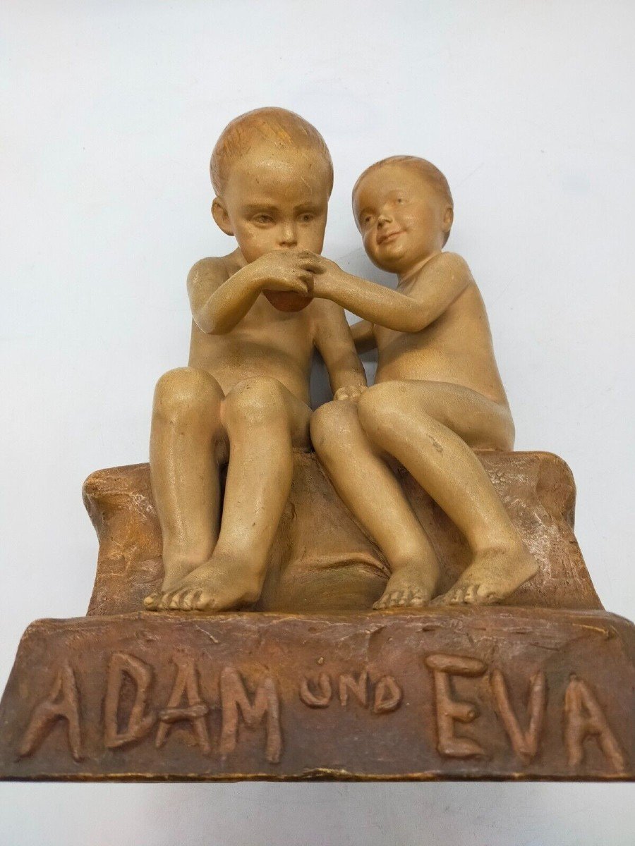 Friedrich Goldscheider, Adamo ed Eva, ceramica colorata, firmato Jaray