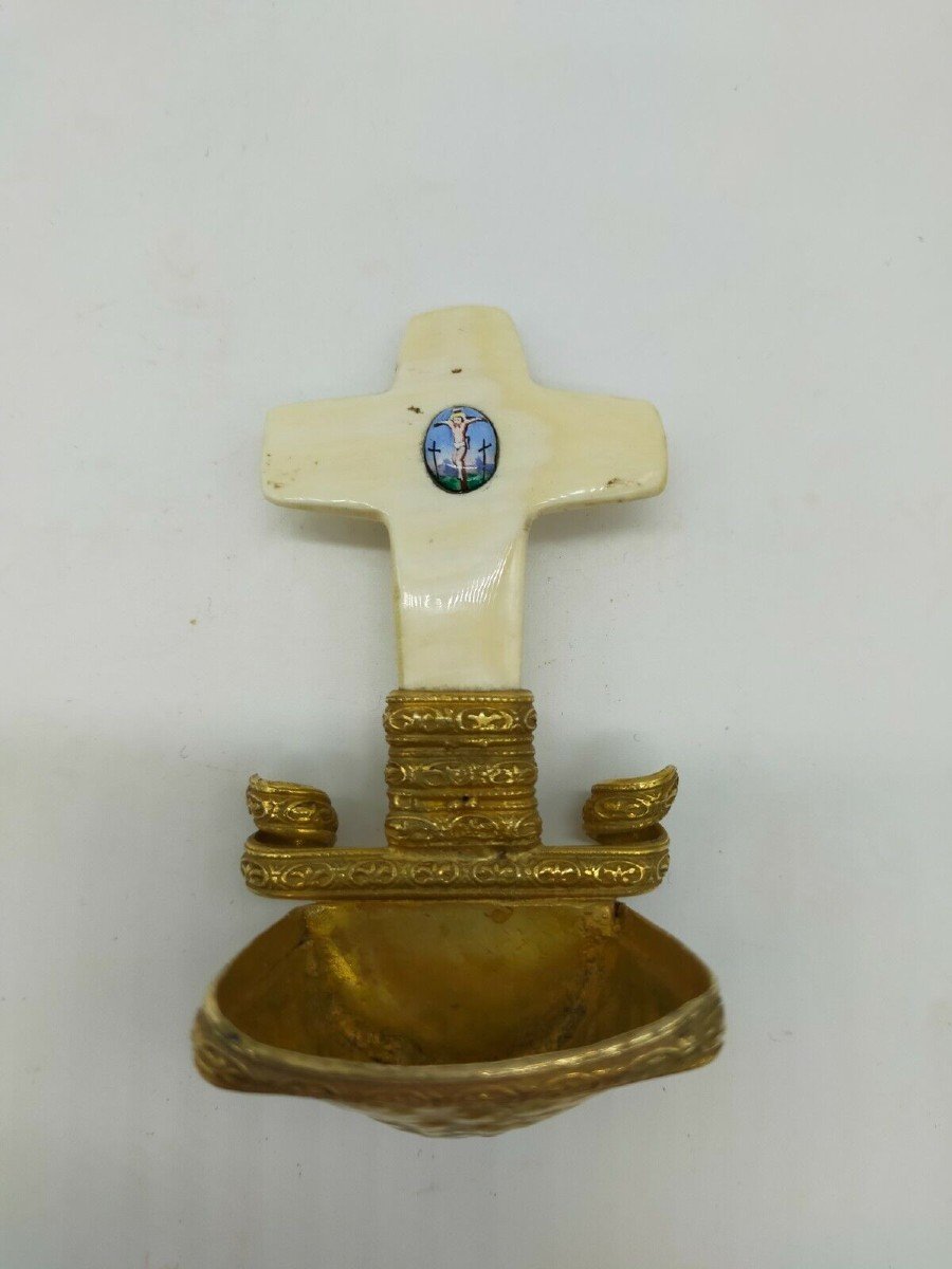 Croce Acquasantiera in avorio e bronzo dorato con smalto crocifissione-photo-2