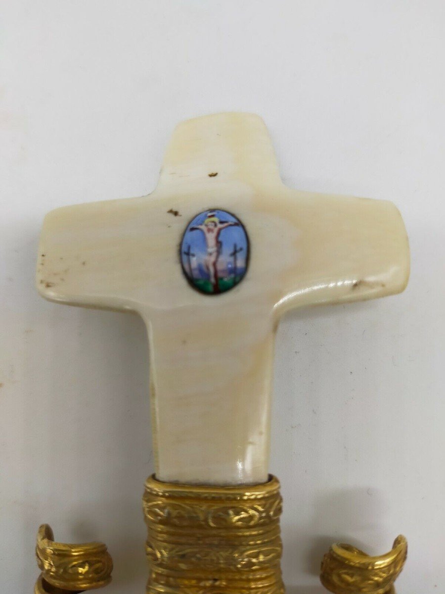 Croce Acquasantiera in avorio e bronzo dorato con smalto crocifissione-photo-1