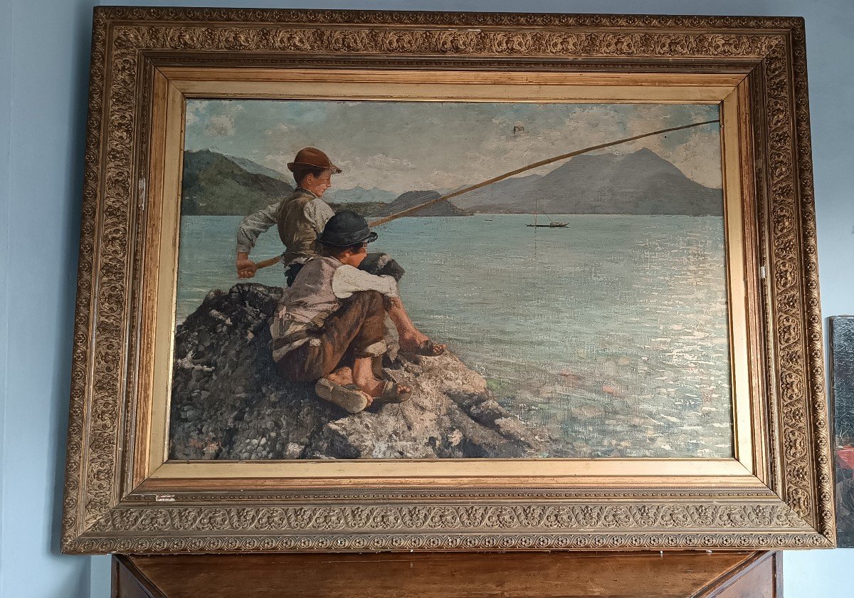 Grande olio su tela -Pescatori -Alfonso Muzii (Castellamare 1856-Pescara 1946) 195x145 cm-photo-2