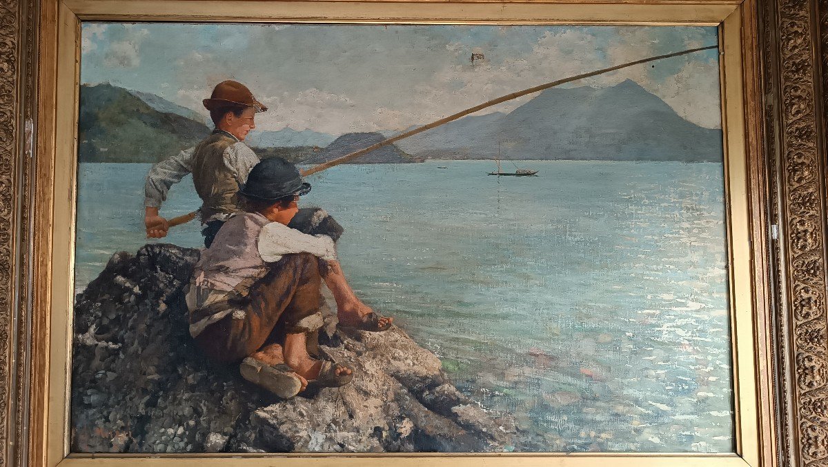 Grande olio su tela -Pescatori -Alfonso Muzii (Castellamare 1856-Pescara 1946) 195x145 cm-photo-3