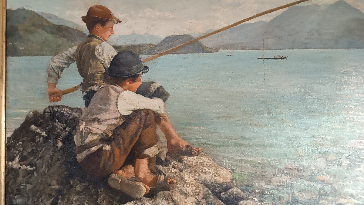 Grande olio su tela -Pescatori -Alfonso Muzii (Castellamare 1856-Pescara 1946) 195x145 cm-photo-1