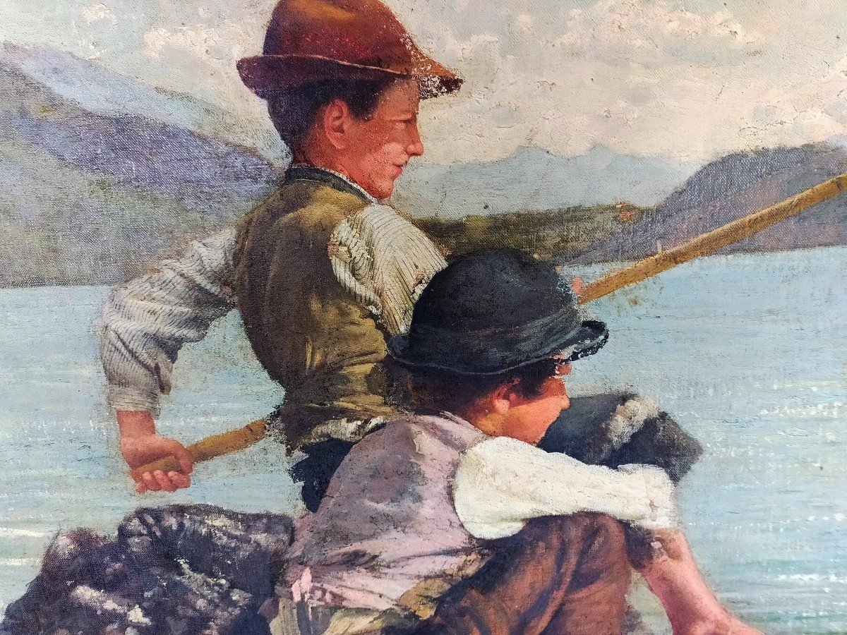 Grande olio su tela -Pescatori -Alfonso Muzii (Castellamare 1856-Pescara 1946) 195x145 cm-photo-4