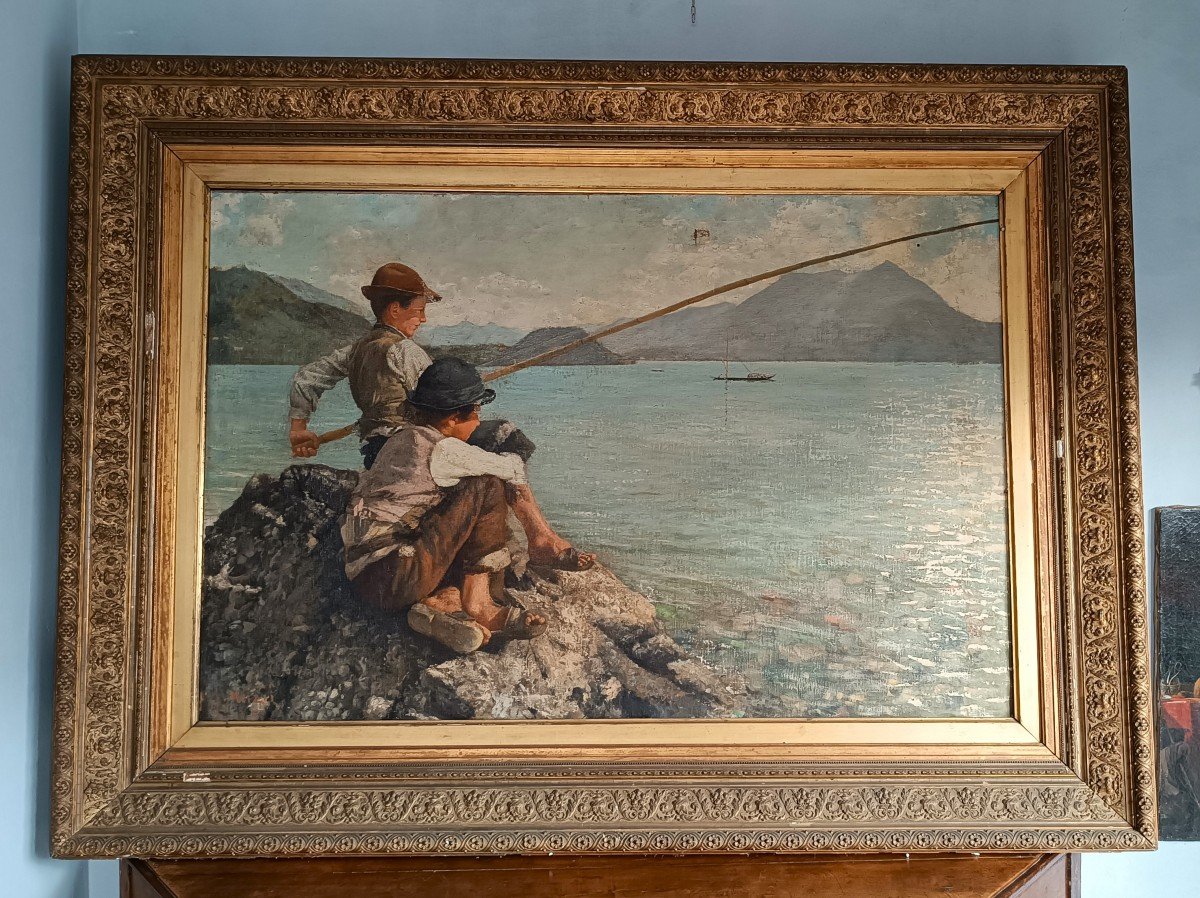 Grande olio su tela -Pescatori -Alfonso Muzii (Castellamare 1856-Pescara 1946) 195x145 cm