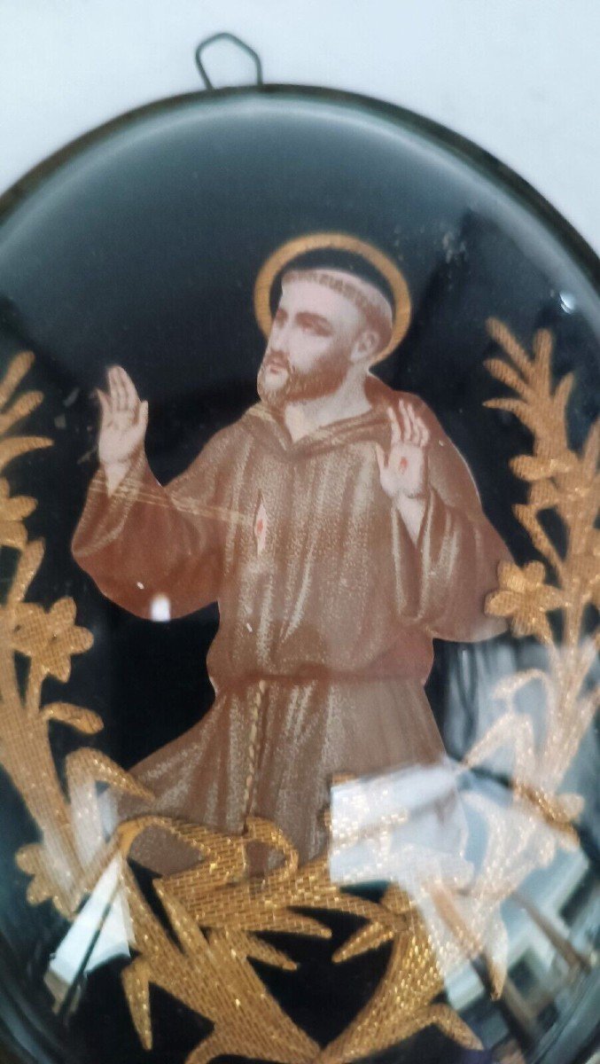 Ex voto con pizzo dorato effigie San Francesco Vetro convesso XIX secolo-photo-4