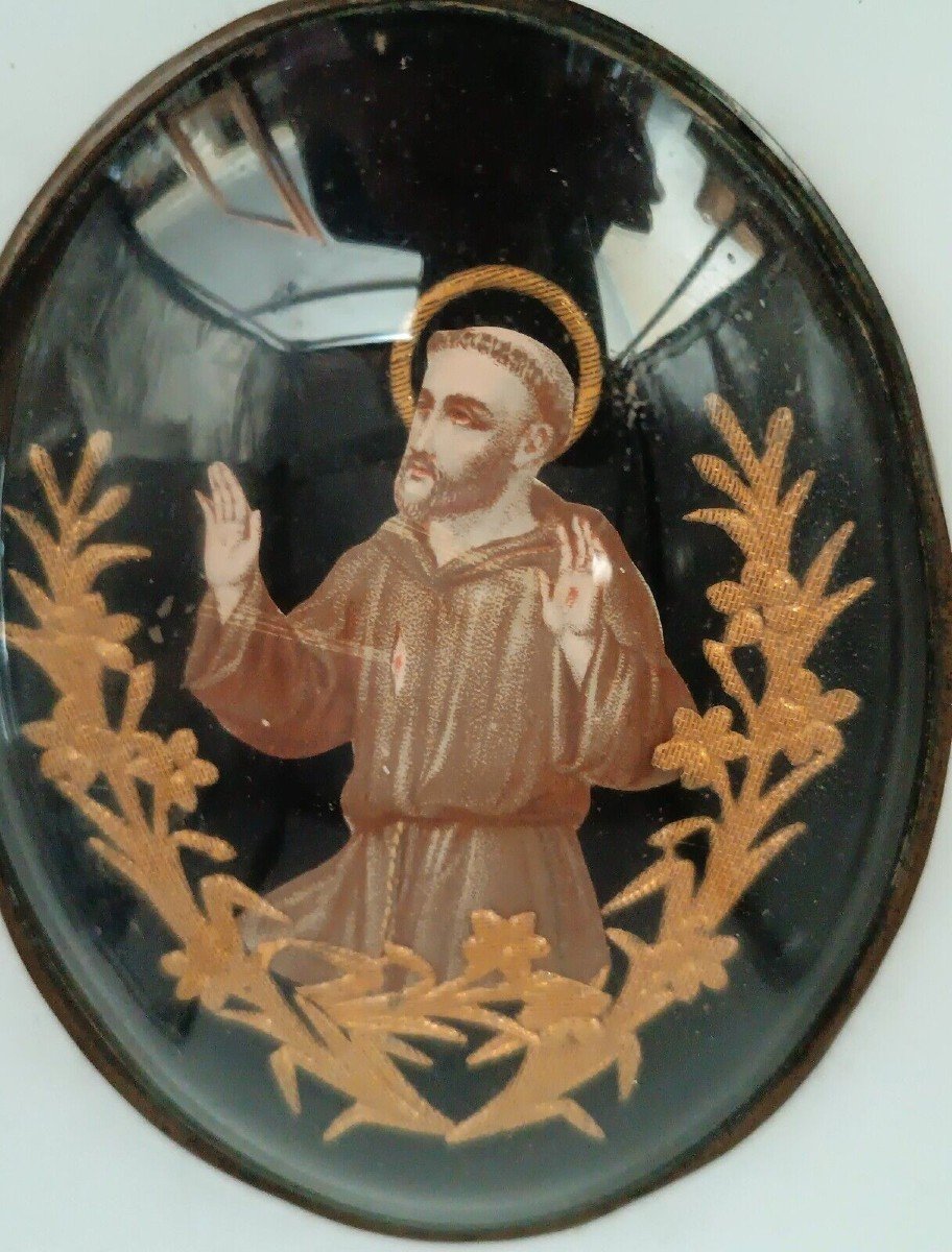 Ex voto con pizzo dorato effigie San Francesco Vetro convesso XIX secolo-photo-1