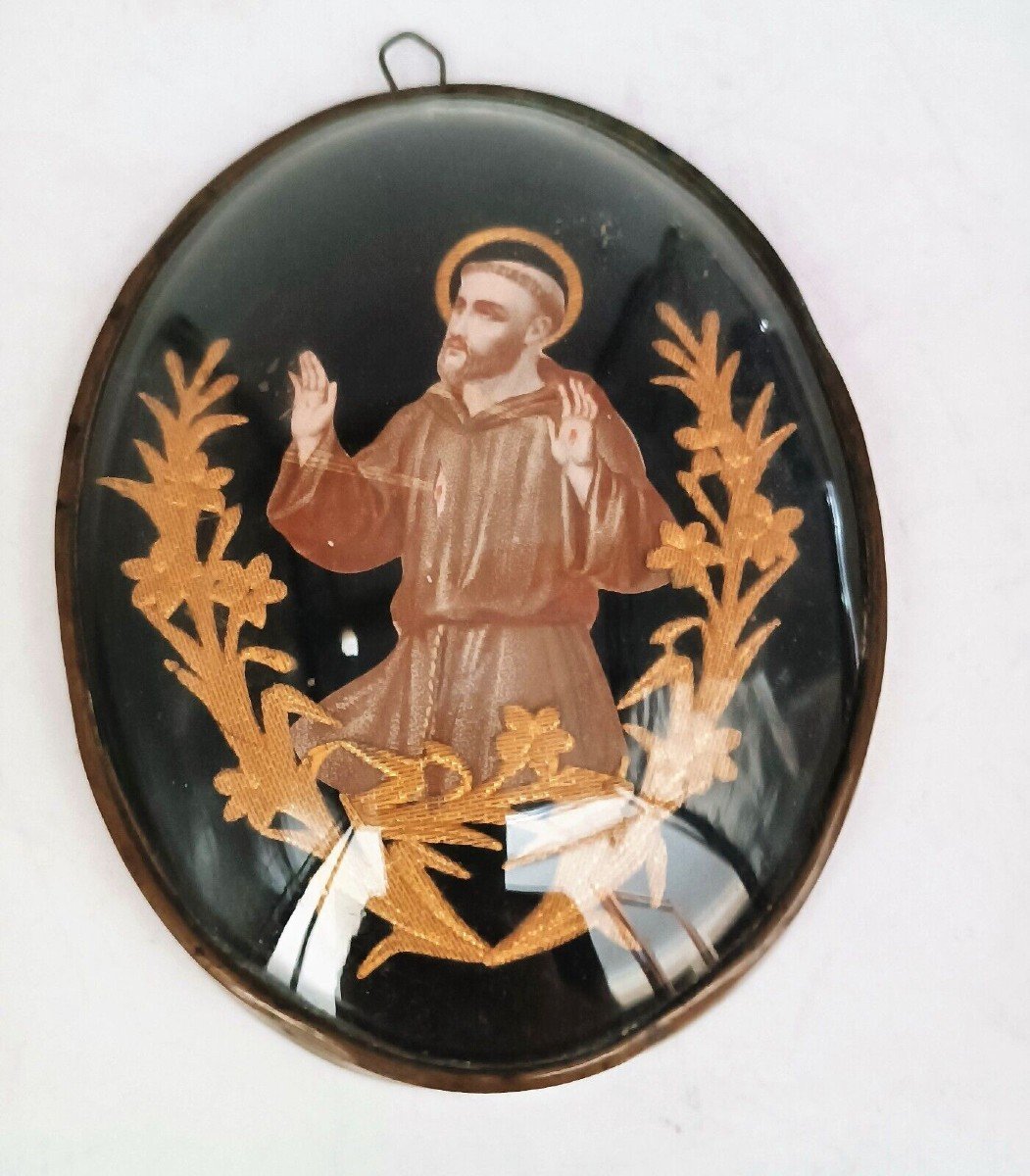 Ex voto con pizzo dorato effigie San Francesco Vetro convesso XIX secolo