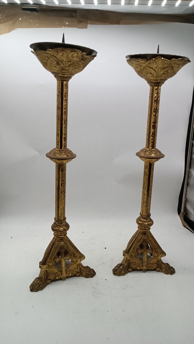 coppia candelieri in bronzo dorato stile neogotico XIX secolo-photo-2