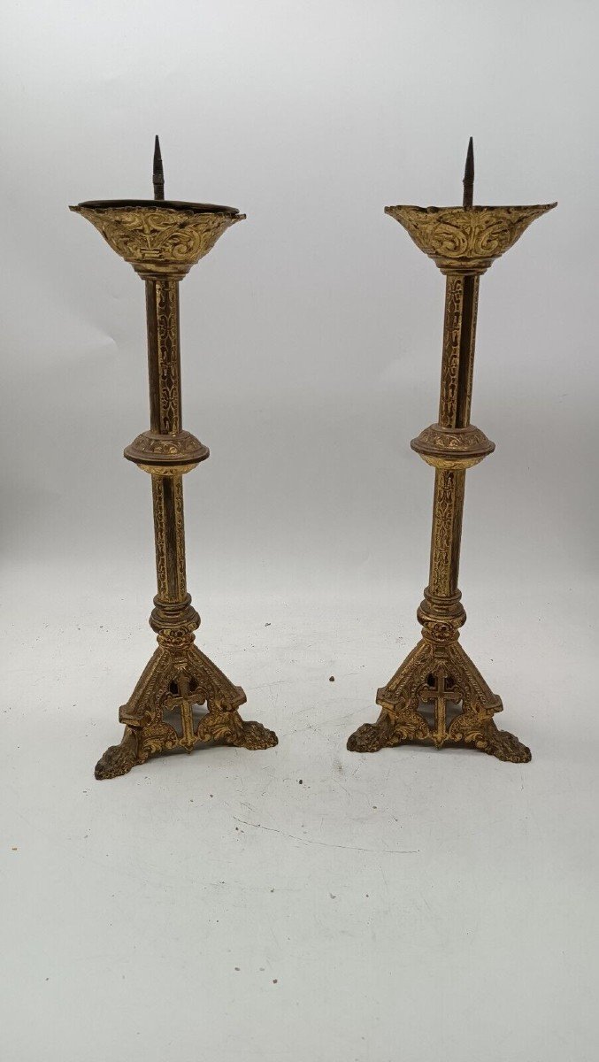 coppia candelieri in bronzo dorato stile neogotico XIX secolo 35 cm-photo-2