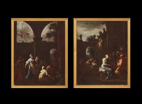 Antica coppia dipinti - scene di genere -Camillo Sagrestani ( Firenze 1660-1731)
