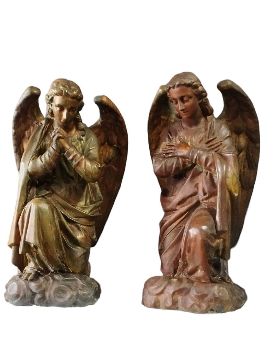 Coppia grandi angeli  XIX secolo stucco e rame h.100 cm-photo-8