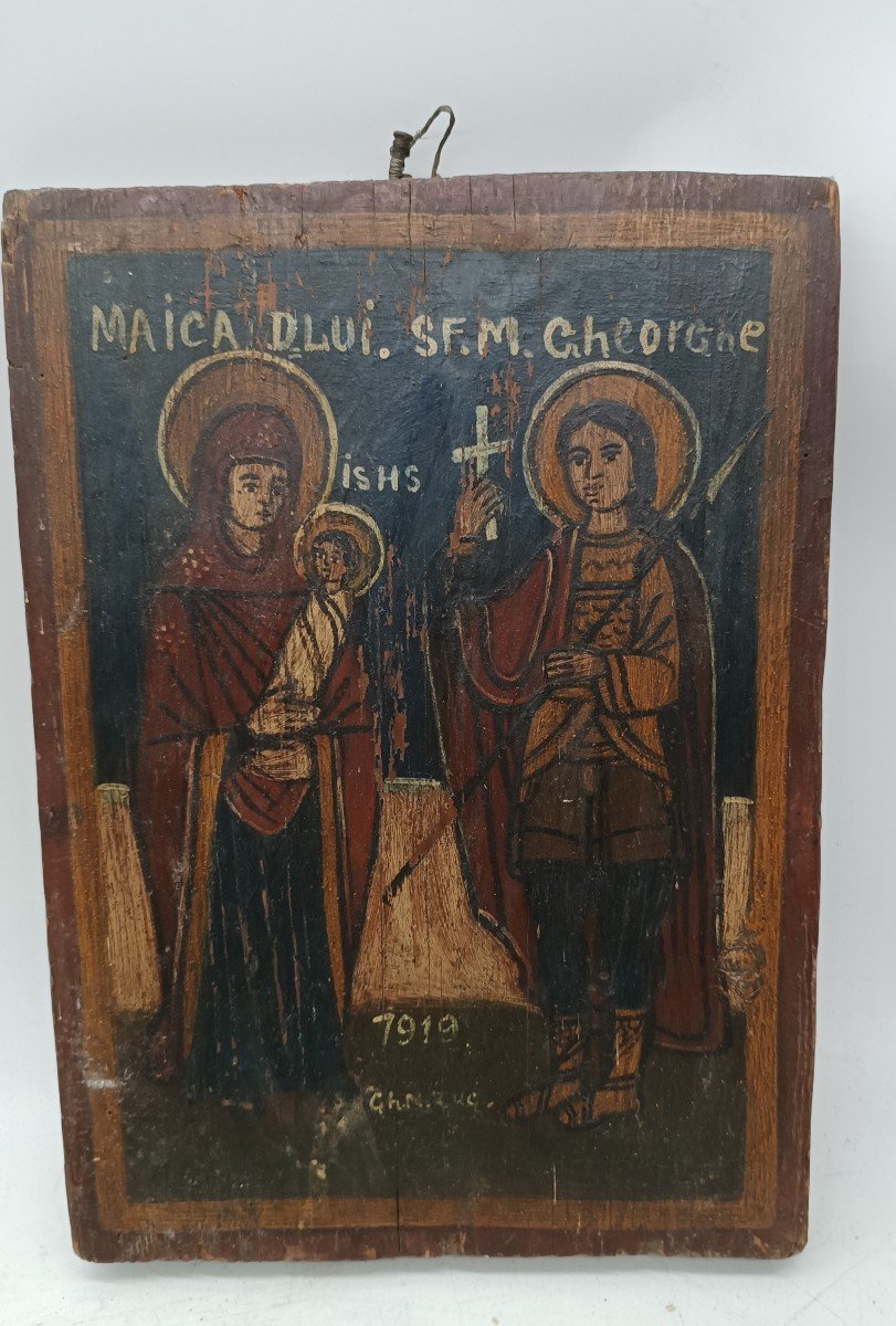 Icona Dipinto Tavola Antica Madonna San Giorgio Moldavia Datata 1919