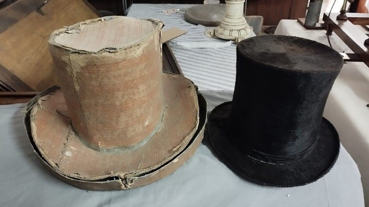Cappello Cilindro Cavallino Con Custodia Cartone Antico XIX secolo-photo-4
