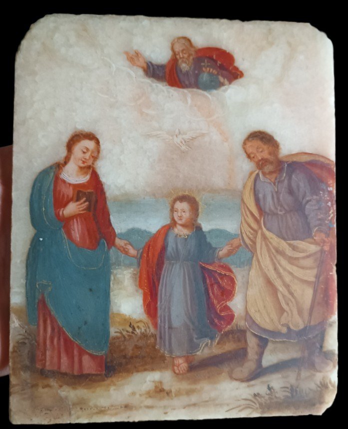 Antico Dipinto su alabastro XVIII secolo italia  "SACRA FAMIGLIA"-photo-2