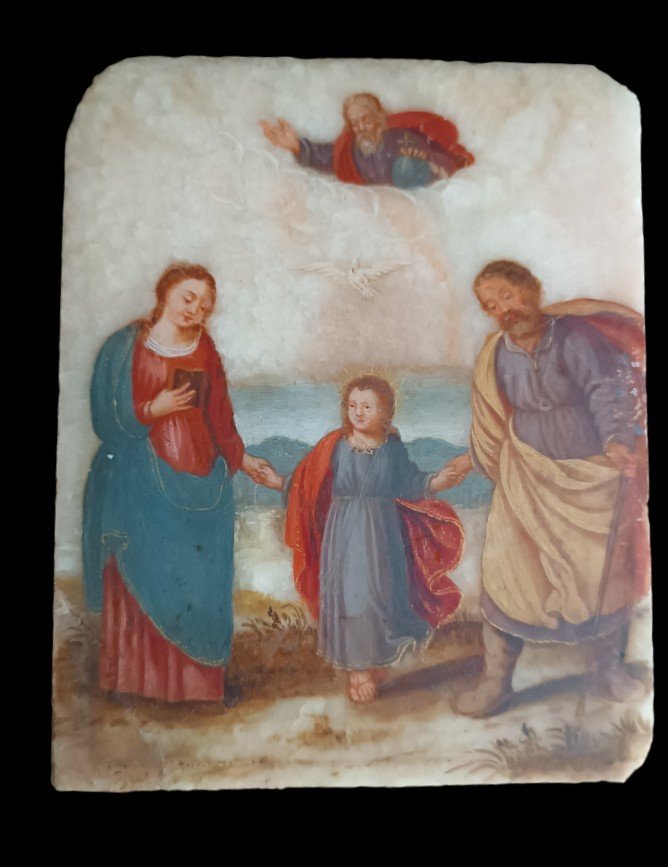 Antico Dipinto su alabastro XVIII secolo italia  "SACRA FAMIGLIA"