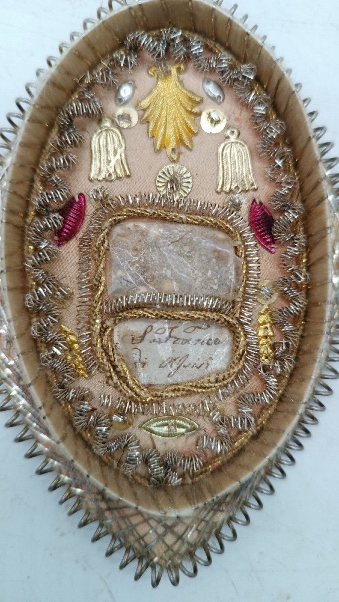 EX VOTO RELIQUIA SAN FRANCO DI ASSERGI FINEMENTE DECORATA-photo-3