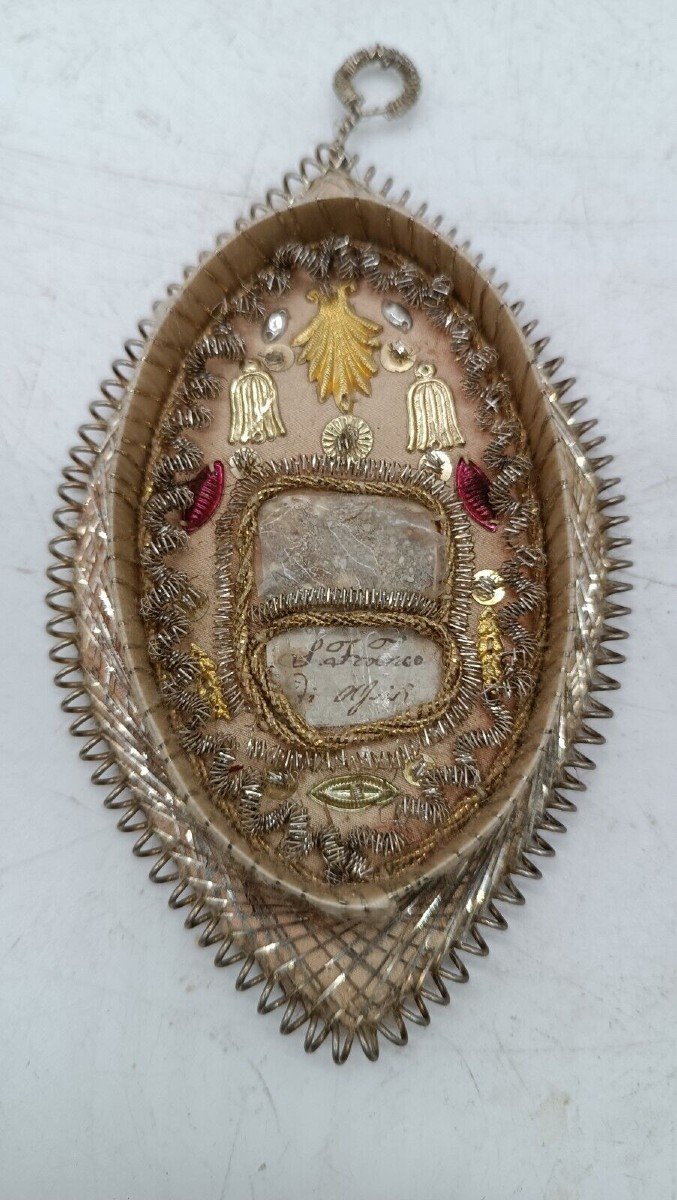 EX VOTO RELIQUIA SAN FRANCO DI ASSERGI FINEMENTE DECORATA-photo-2