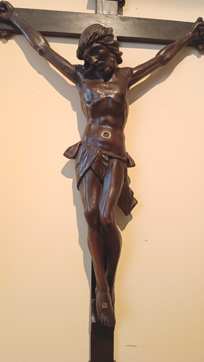 Grande cristo con croce in cirmolo XIX secolo-photo-8