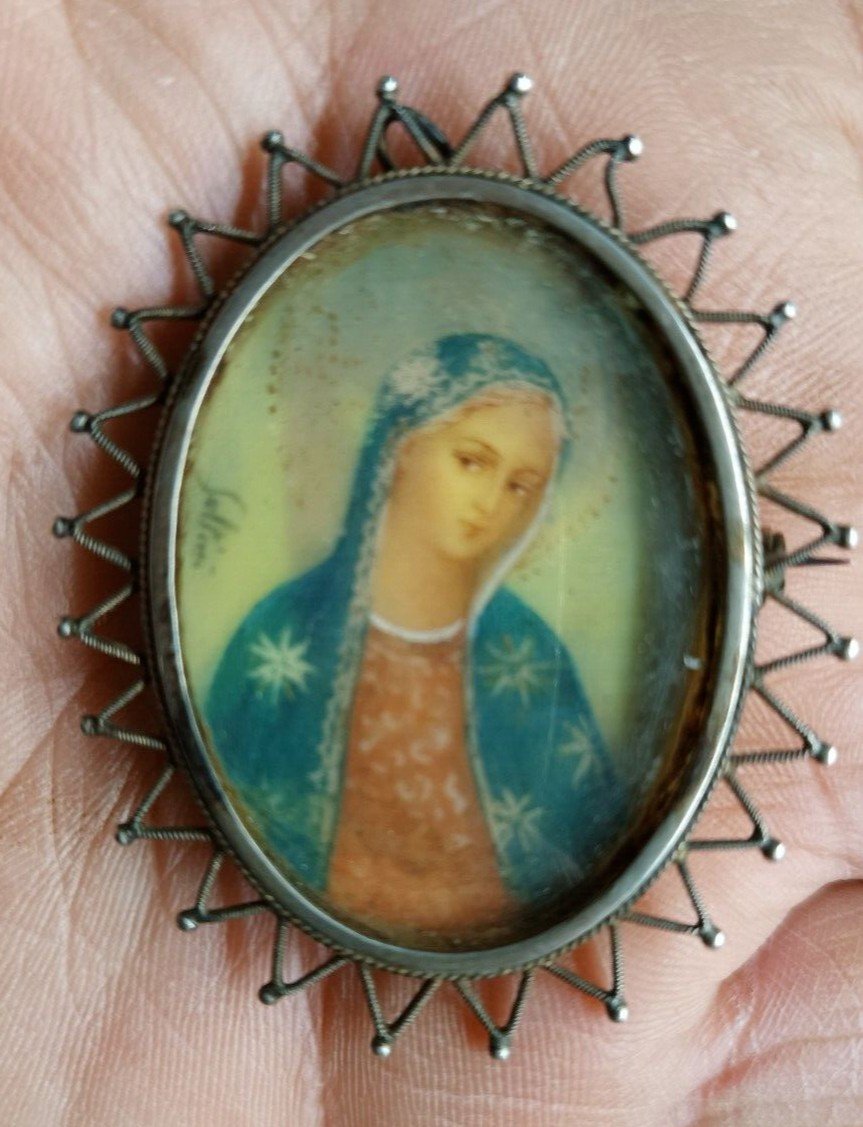 spilla in argento antica con miniatura dipinnta raffigurante madonna-photo-2