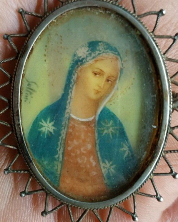 spilla in argento antica con miniatura dipinnta raffigurante madonna-photo-3