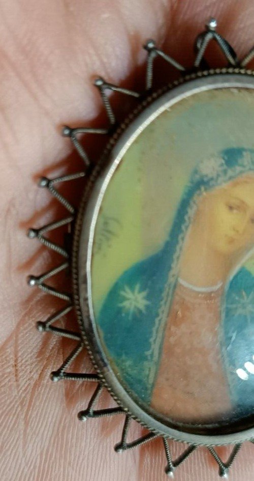 spilla in argento antica con miniatura dipinnta raffigurante madonna-photo-4