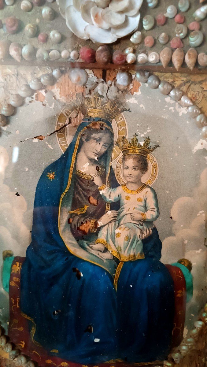 Grande esecuzione Madonna in teca corallo e conchiglie manifattura Sicilia XIX secolo-photo-6