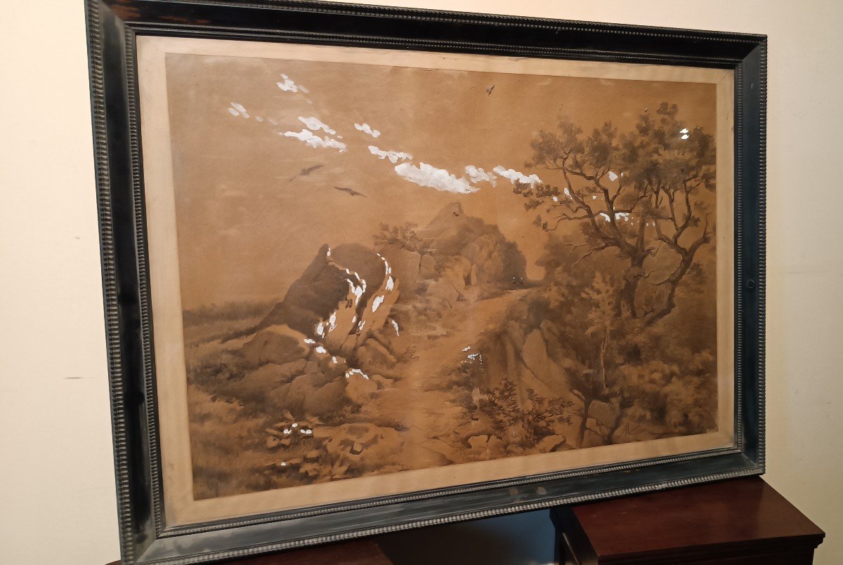 Grande dipinto paesaggio,tecnica mista biacca ,XIX secolo-photo-2