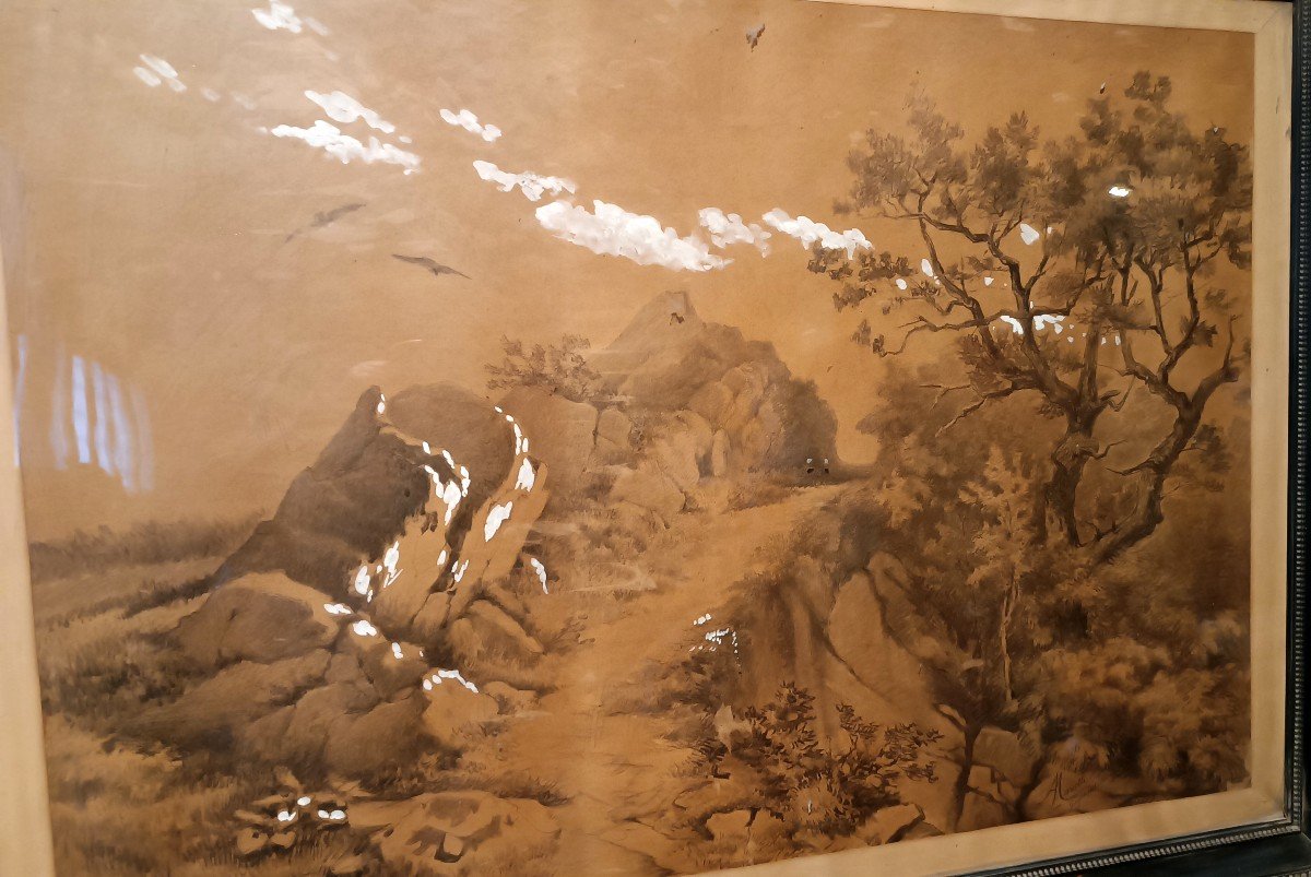 Grande dipinto paesaggio,tecnica mista biacca ,XIX secolo-photo-3