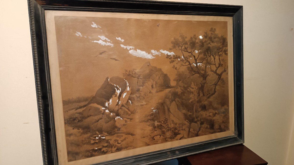 Grande dipinto paesaggio,tecnica mista biacca ,XIX secolo-photo-7