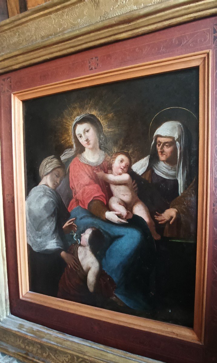 Eccezionale dipinto su rame-madonna con bambino e san giovanni-Cornice antica--photo-4