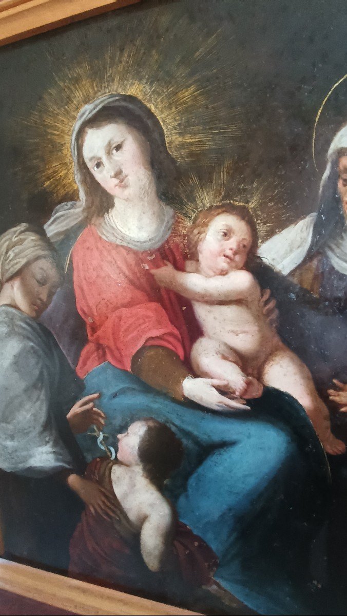 Eccezionale dipinto su rame-madonna con bambino e san giovanni-Cornice antica--photo-2
