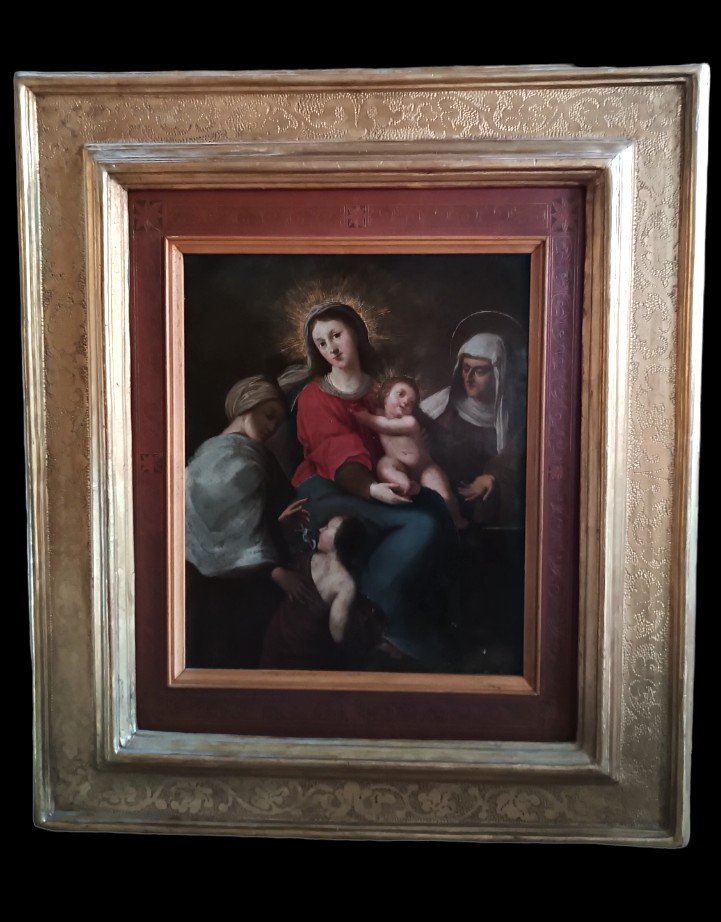 Eccezionale dipinto su rame-madonna con bambino e san giovanni-Cornice antica--photo-3