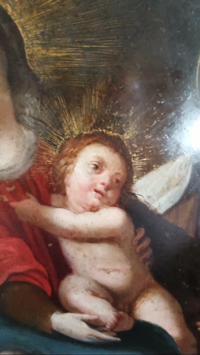 Eccezionale dipinto su rame-madonna con bambino e san giovanni-Cornice antica--photo-7