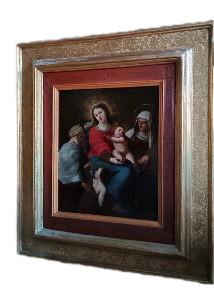 Eccezionale dipinto su rame-madonna con bambino e san giovanni-Cornice antica-
