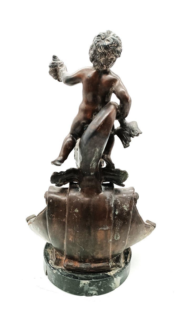 Scultura in bronzo antico " bambino delfino" firmata Vincenzo Cinque fine sec XIX '800-photo-4