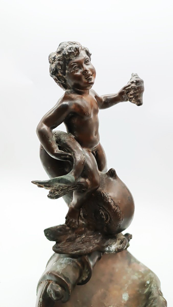 Scultura in bronzo antico " bambino delfino" firmata Vincenzo Cinque fine sec XIX '800-photo-1