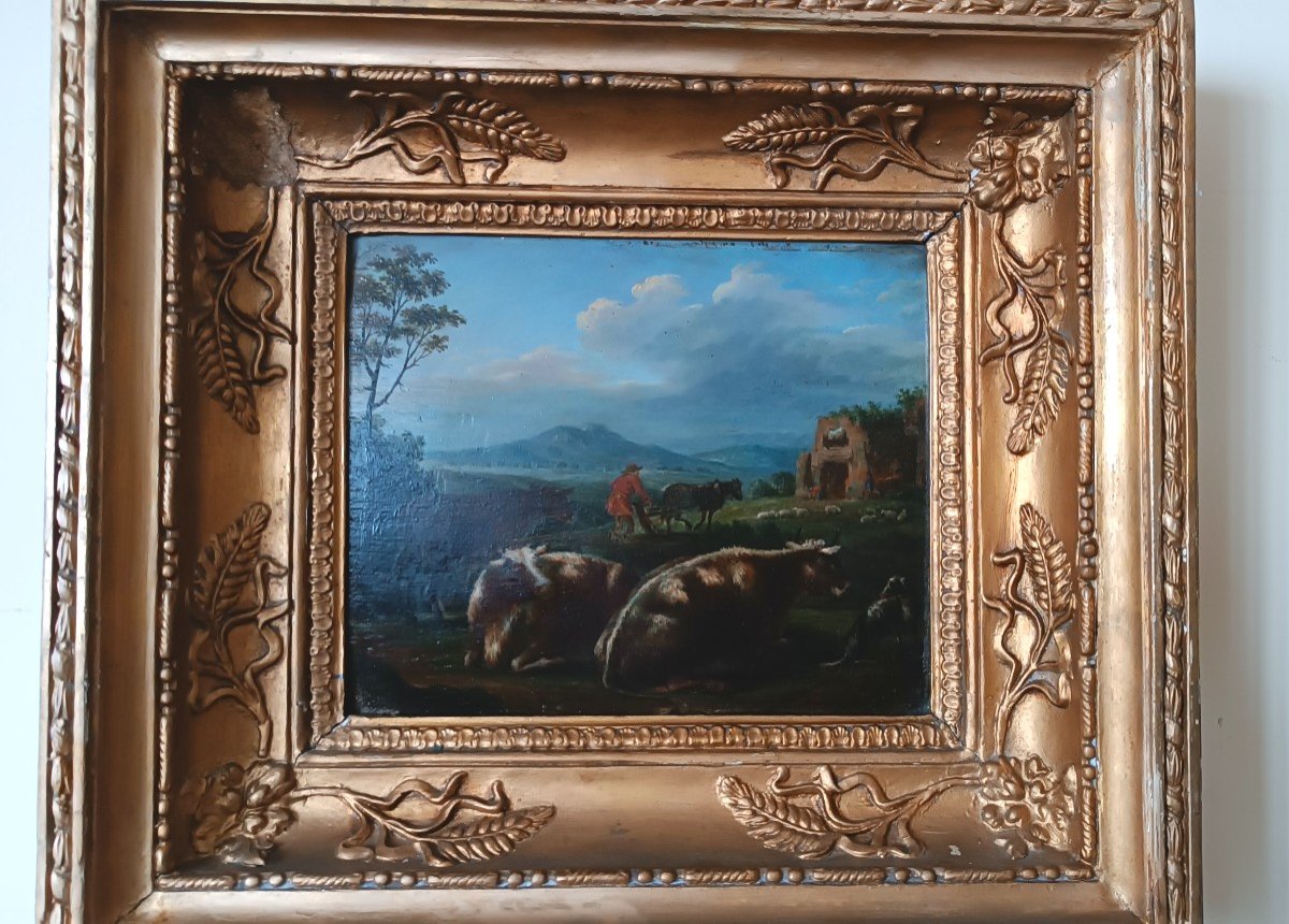 dipinto su tavola paesaggi bucolici XVIII secolo