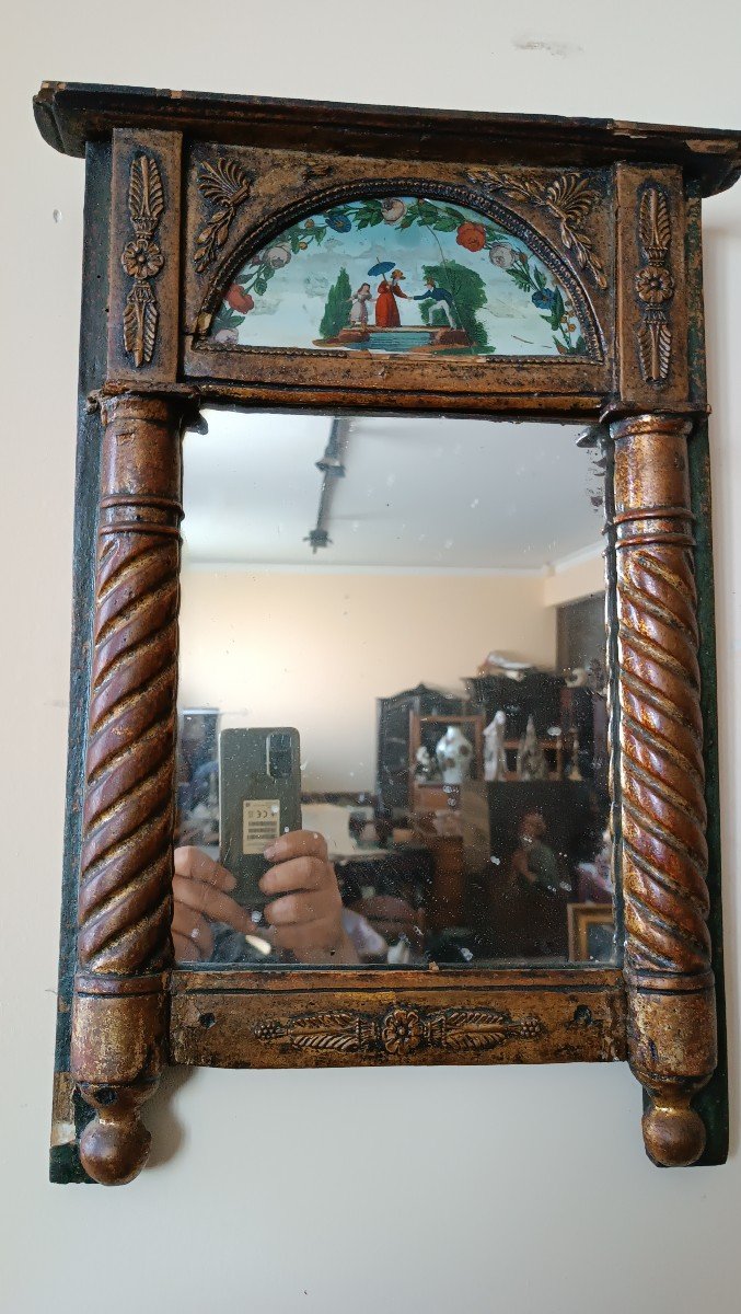 piccola specchiera antica impero legno dorato dipinto su vetro-photo-2