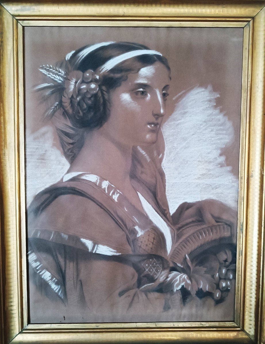 Dipinto a biacca XIX secolo Pastello a carboncino ,figura femminile-photo-2