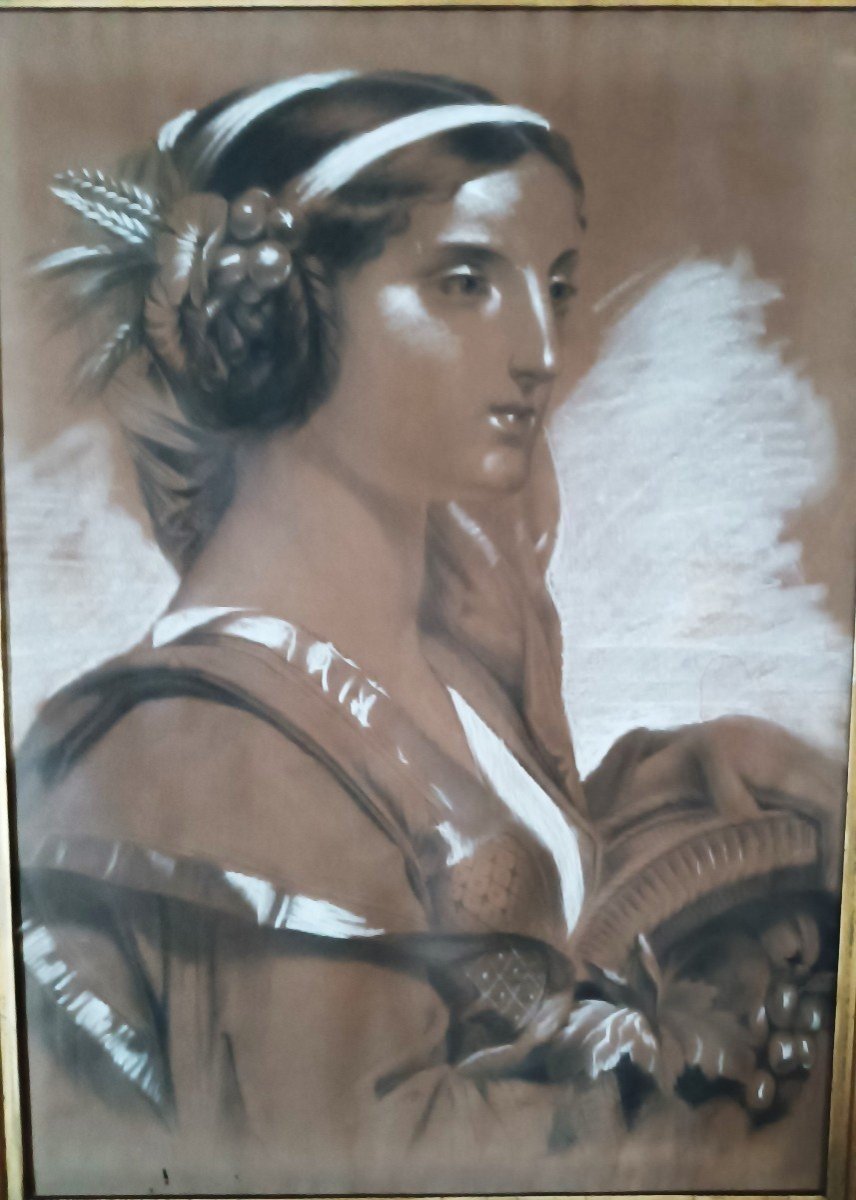 Dipinto a biacca XIX secolo Pastello a carboncino ,figura femminile-photo-3