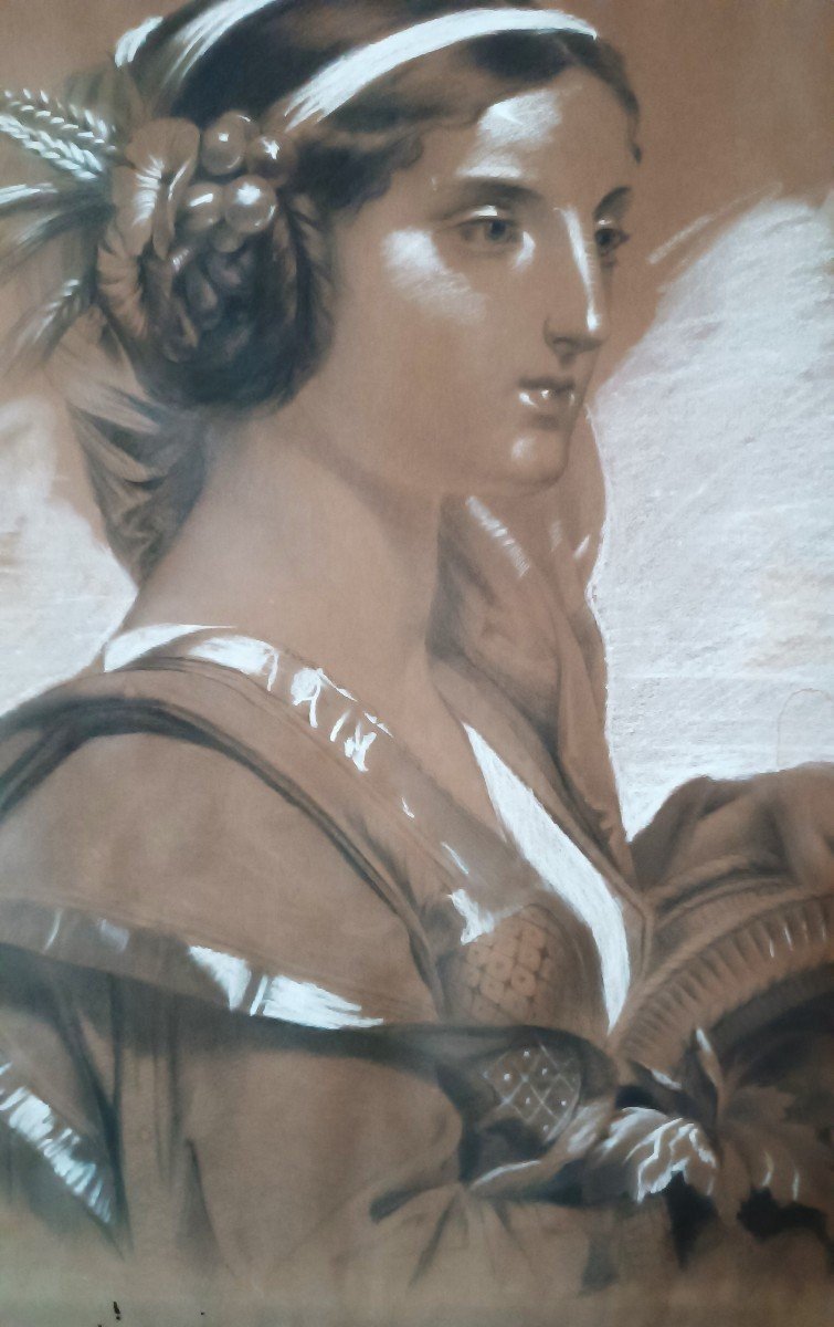 Dipinto a biacca XIX secolo Pastello a carboncino ,figura femminile-photo-4