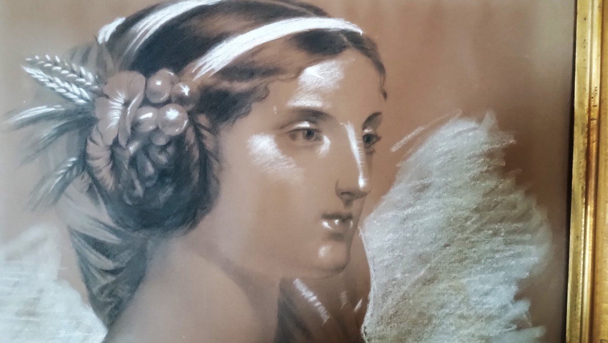 Dipinto a biacca XIX secolo Pastello a carboncino ,figura femminile-photo-1