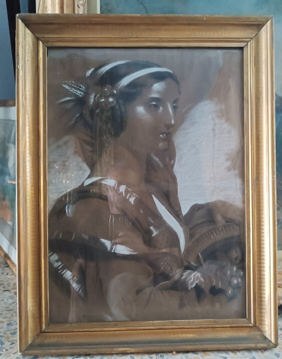 Dipinto a biacca XIX secolo Pastello a carboncino ,figura femminile-photo-3
