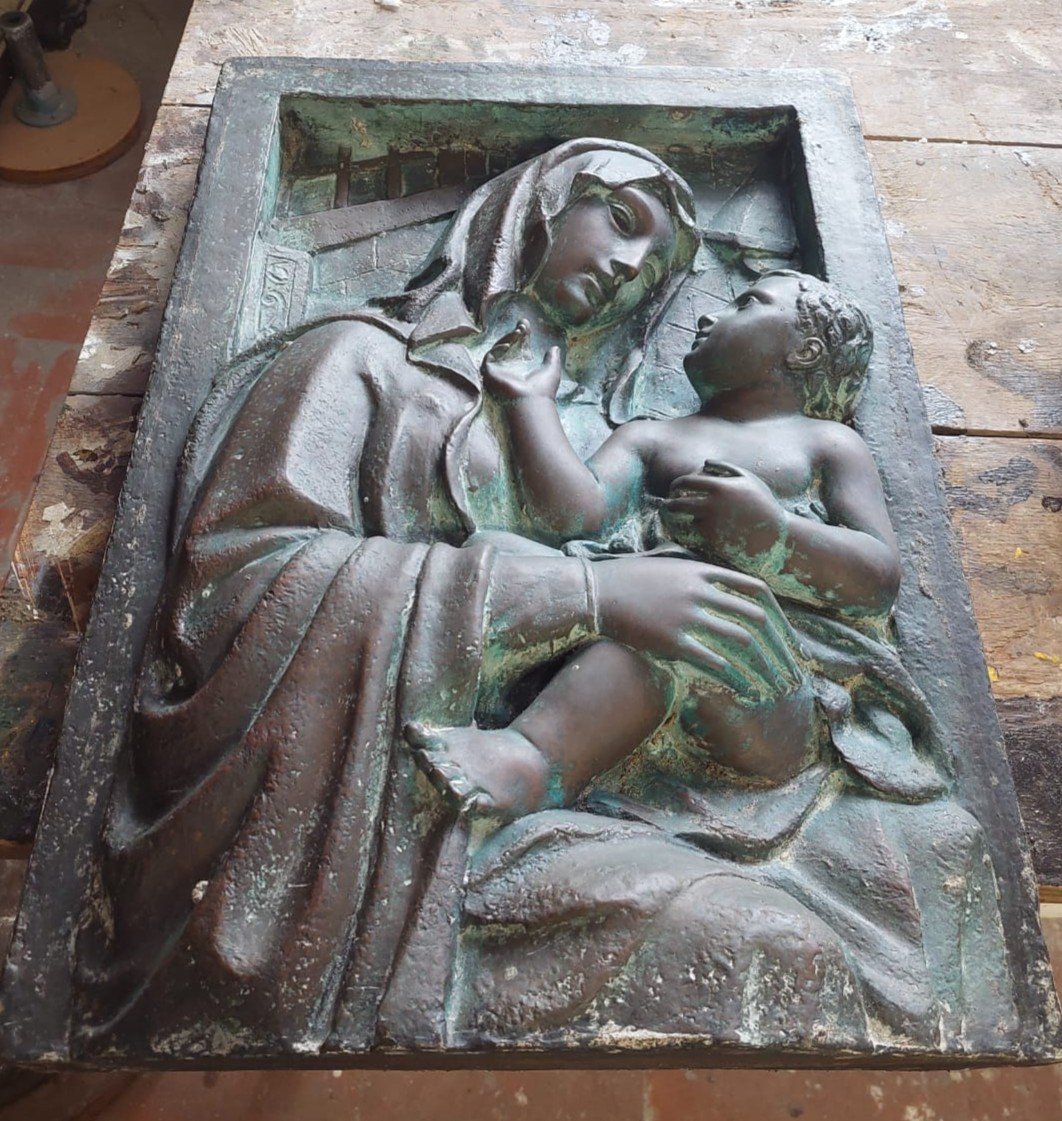 Grande altorilievo in bronzo -Targa fine XIX secolo-Madonna con bambino-photo-2