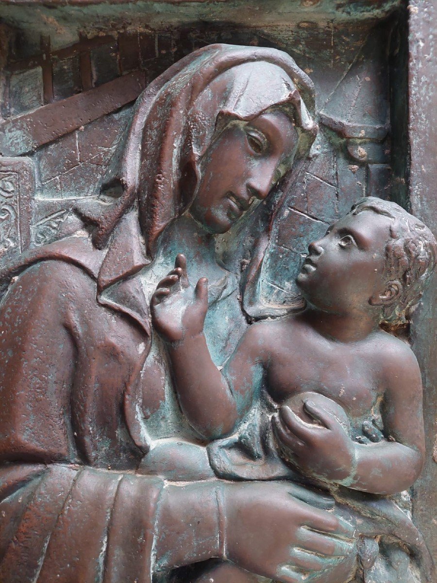 Grande altorilievo in bronzo -Targa fine XIX secolo-Madonna con bambino-photo-4