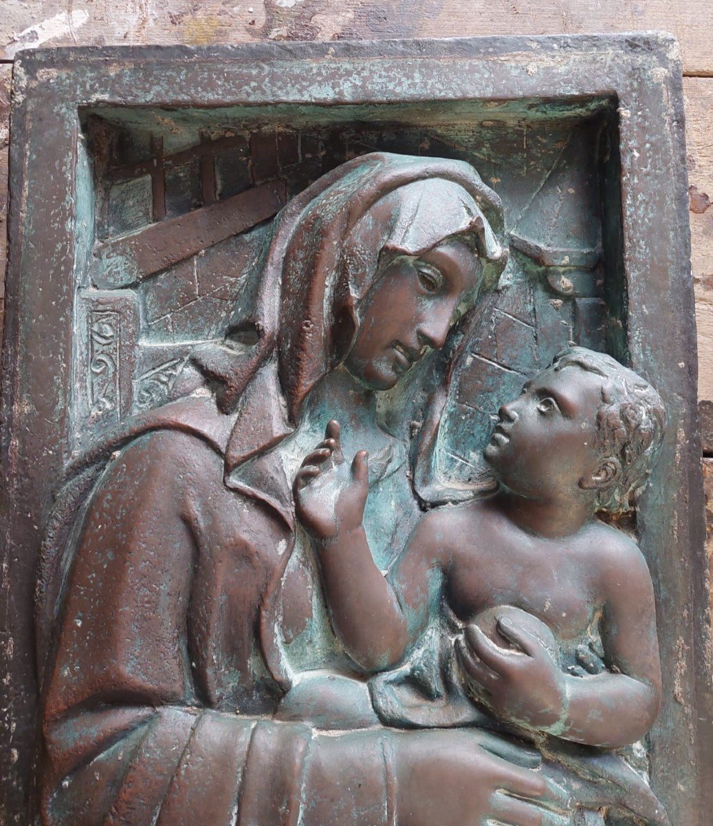 Grande altorilievo in bronzo -Targa fine XIX secolo-Madonna con bambino-photo-1