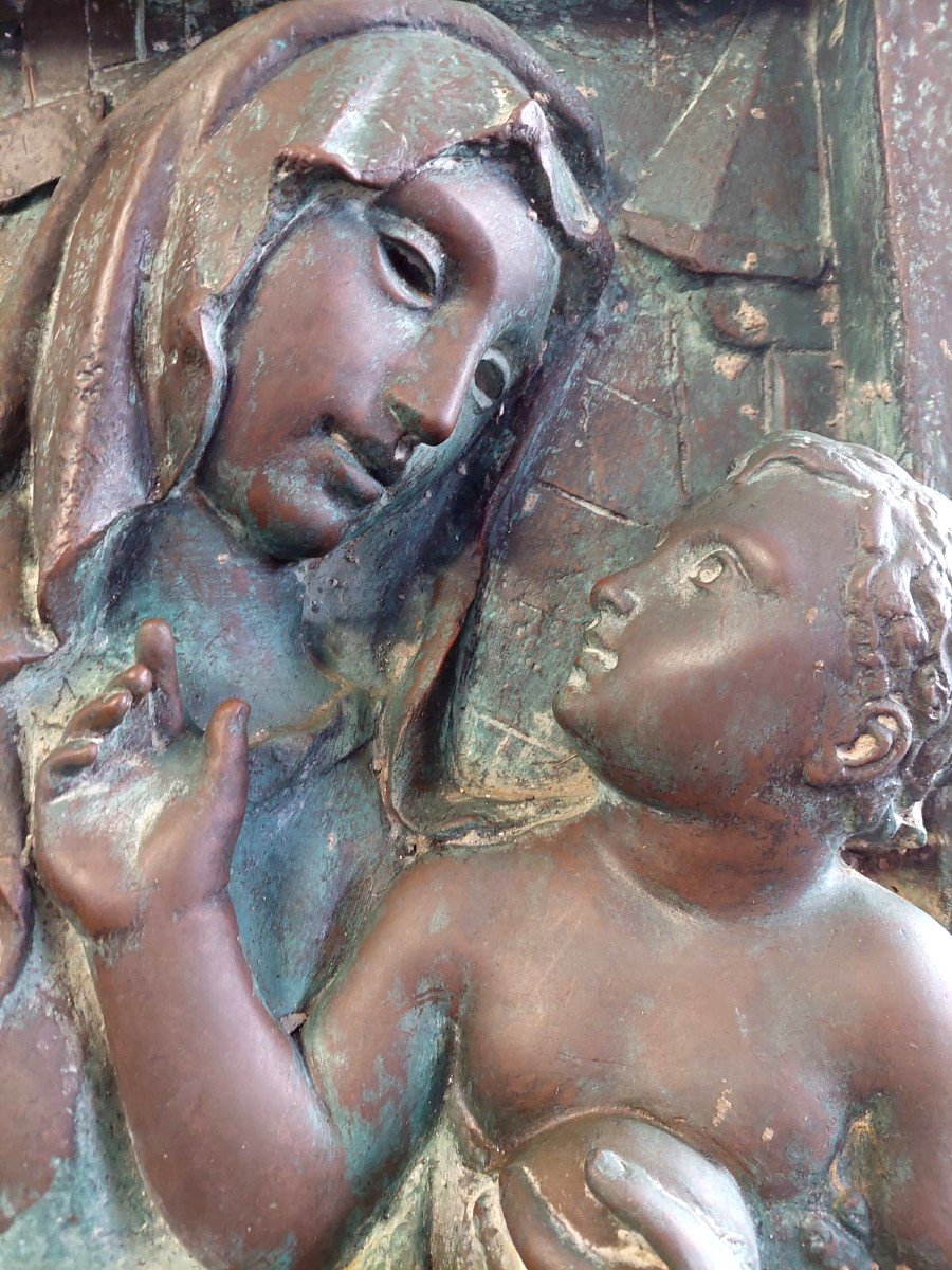 Grande altorilievo in bronzo -Targa fine XIX secolo-Madonna con bambino-photo-3