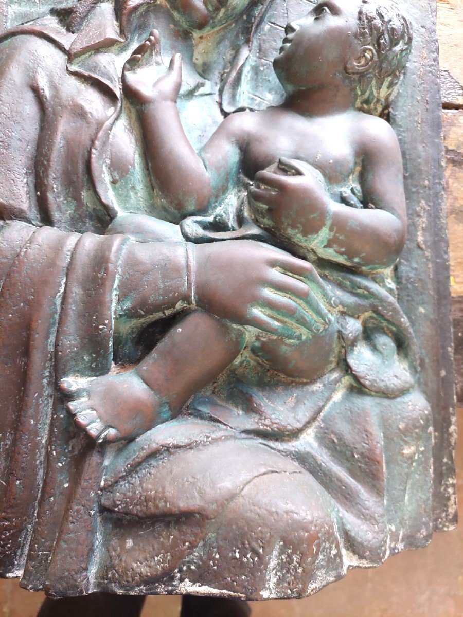 Grande altorilievo in bronzo -Targa fine XIX secolo-Madonna con bambino-photo-4
