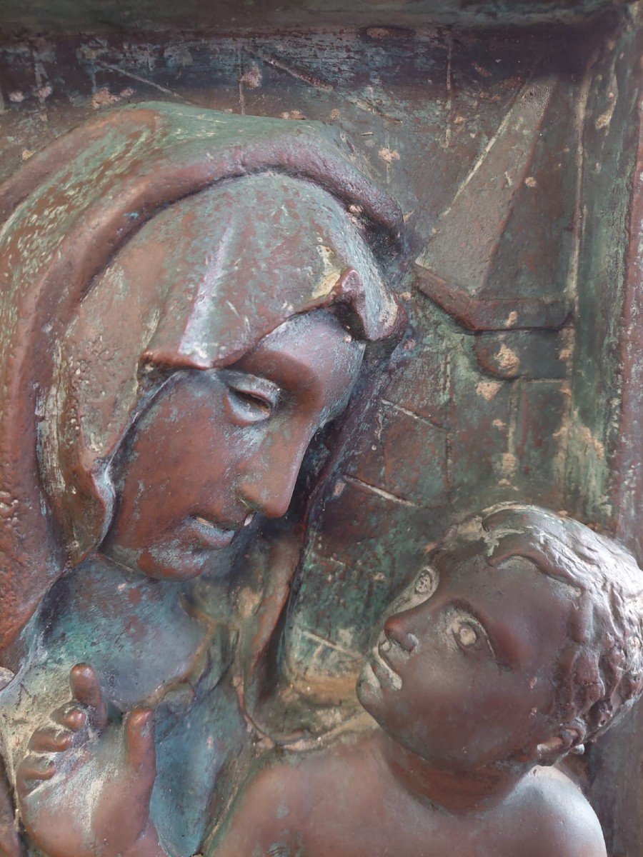 Grande altorilievo in bronzo -Targa fine XIX secolo-Madonna con bambino-photo-5
