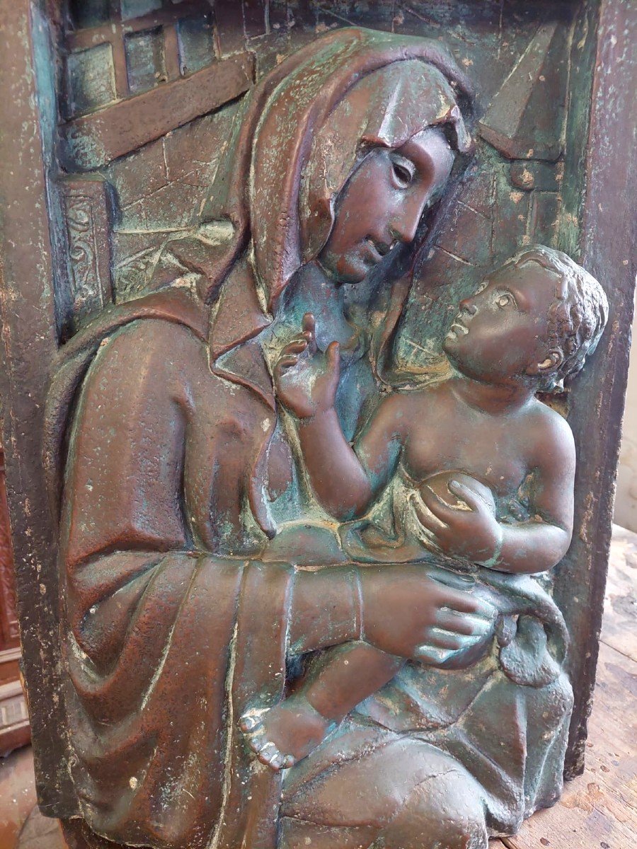Grande altorilievo in bronzo -Targa fine XIX secolo-Madonna con bambino-photo-6